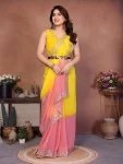 FANCY GEORGETTE SILK EMBROIDERY WORK SAREE WITH UNSTITCHED BLOLUSE YELLOW