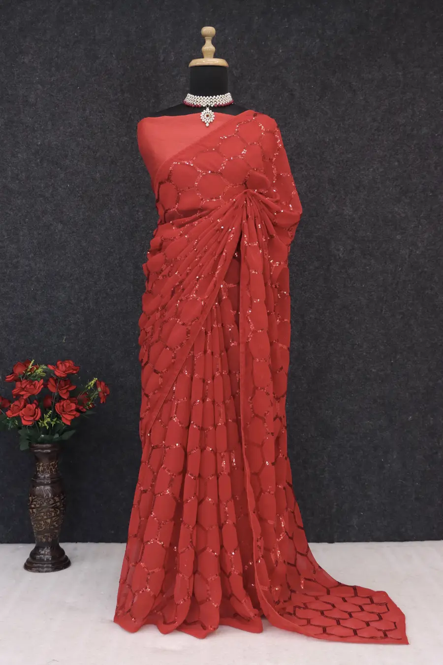 FANCY GEORGETTE SILK SEQUENCE WORK WITH PIPING BORDER WORK SAREE WITH UNSTITCHED BLOUSE WEDDING WEAR WHOLESALE PRICE ETHNIC GARMENT (4)