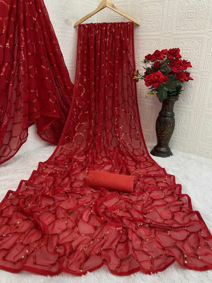 FANCY GEORGETTE SILK SEQUENCE WORK WITH PIPING BORDER WORK SAREE WITH UNSTITCHED BLOUSE WEDDING WEAR WHOLESALE PRICE ETHNIC GARMENT (7)