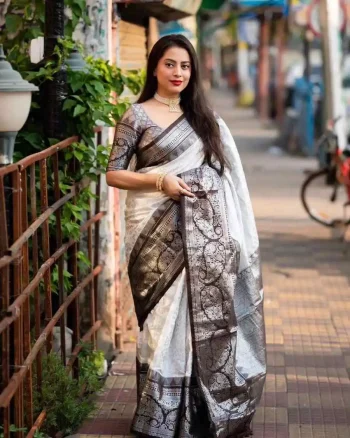 FANCY LICHI SILK BANARASI WEAVING WORK SAREE WITH UNSTITCHED BLOUSE BLACK AND WHITE