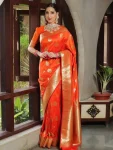 FANCY LICHI SILK BANARASI WEAVING WORK SAREE WITH UNSTITCHED BLOUSE ORANGE