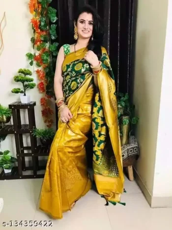 FANCY LICHI SILK RICH PALLU AND JACQUARD BORDER COPPER WORK SAREE WITH UNSTITCHED BLOUSE YELLOW AND GREEN