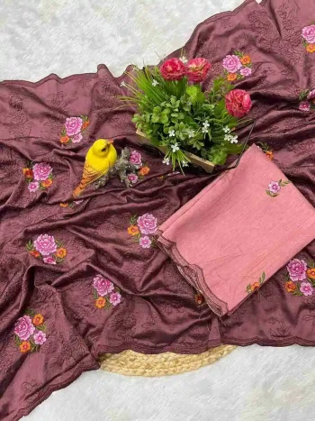 FANCY MANIPURI SILK MULTI THREAD EMBROIDERY WORK WITH CUTWORK SAREE WITH UNSTITCHED BLOUSE PEACH