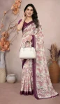 FANCY MOSS SATIN PRINTED WORK SAREE WITH UNSTITCHED BLOUSE WINE