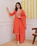 FANCY MUL CHANDERI CODING AND SEQUENCE AND LACE WORK TOP BOTTOM WITH DUPATTA ORANGE