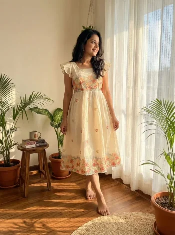 FANCY MUL COTTON EMBROIDERY WORK ONE PIECE DRESS OFF WHITE AND ORANGE