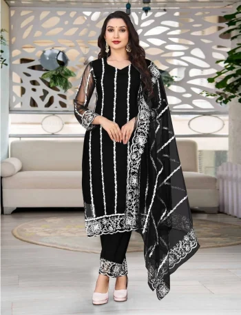 FANCY NET EMBROIDERY WORK TOP BOTTOM WITH DUPATTA BLACK