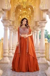 FANCY RANGOLI SILK EMBROIDERY MOTI BEADS & SEQUENCE WORK LEHENGA CHOLI WITH SHRUG STYLE DUPATTA ORANGE
