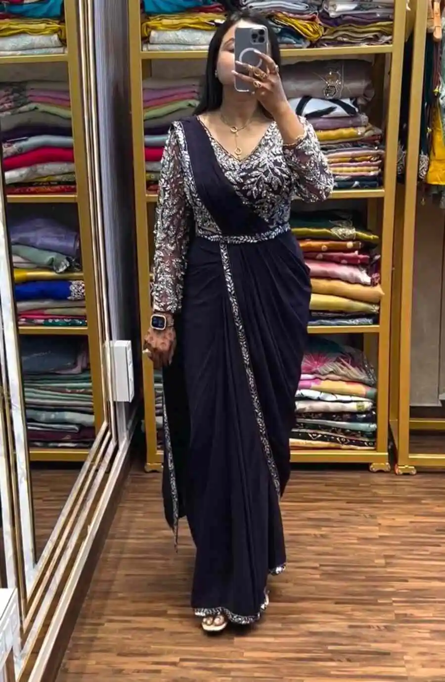 FANCY RANGOLI SILK EMBROIDERY SEQUENCE WORK READY TO WEAR SAREE WITH STITCHED BLOUSE PARTY WEAR WHOLESALE PRICE ETHNIC GARMENT (3)