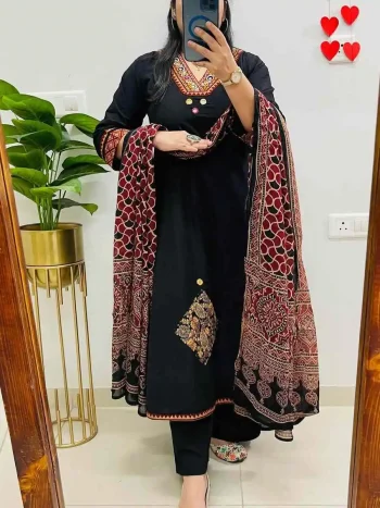 FANCY RAYON SLUB APPLIQUE WORK TOP BOTTOM WITH DUPATTA BLACK
