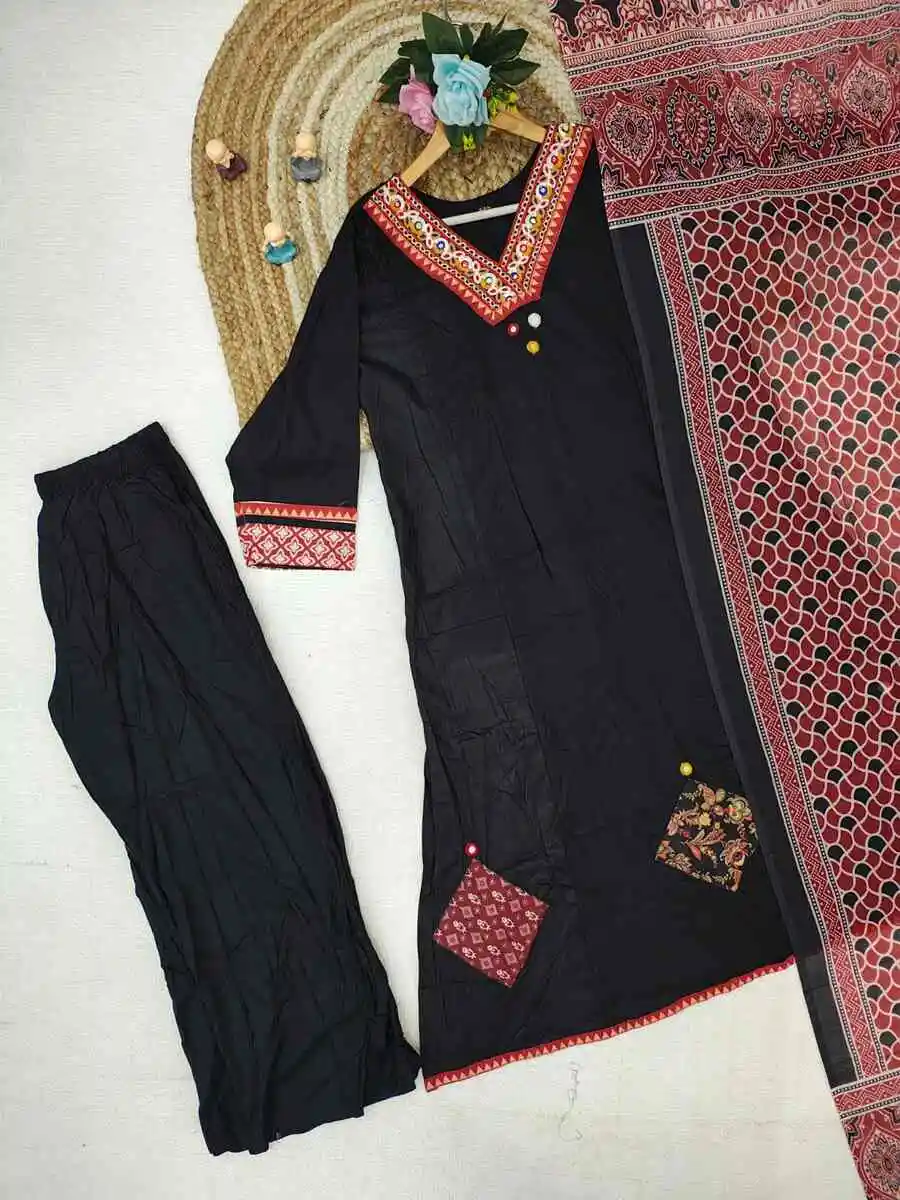 FANCY RAYON SLUB APPLIQUE WORK TOP BOTTOM WITH DUPATTA FESTIVE WEAR WHOLESALE PRICE ETHNIC GARMENT (20)