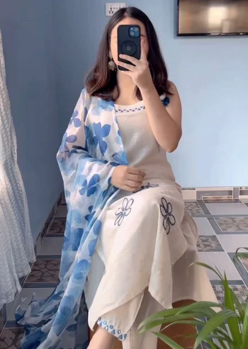 FANCY RAYON SLUB EMBROIDERY WORK TOP BOTTOM WITH DUPATTA BLUE