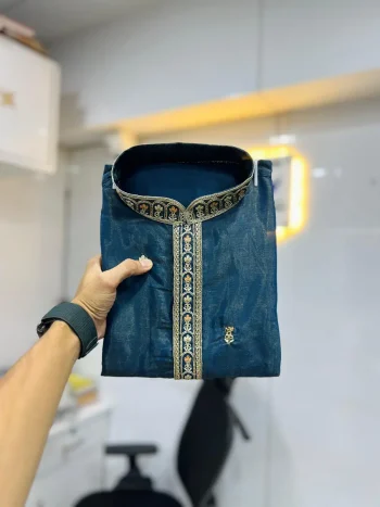 FANCY ROMAN SHIMMER MULTI EMBROIDERY WORK WITH DOUBLE GOLDEN SEQUENCE WORK MEN'S KURTA PAYJAMA TEAL