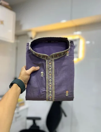 FANCY ROMAN SHIMMER MULTI EMBROIDERY WORK WITH DOUBLE GOLDEN SEQUENCE WORK MEN'S KURTA PAYJAMA PURPLE