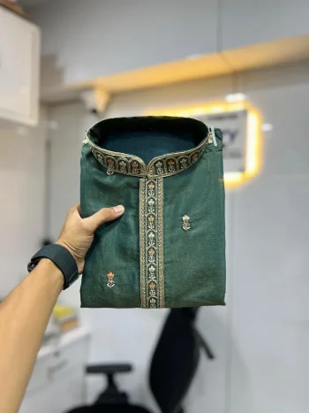 FANCY ROMAN SHIMMER MULTI EMBROIDERY WORK WITH DOUBLE GOLDEN SEQUENCE WORK MEN'S KURTA PAYJAMA MORPICH