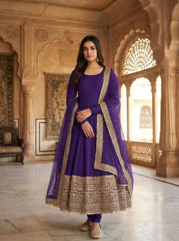FANCY ROMAN SILK CODING SEQUENCE WORK GOWN BOTTOM WITH DUPATTA PURPLE