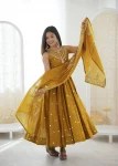 FANCY ROMAN SILK EMBROIDERY SEQUENCE WORK GOWN BOTTOM WITH DUPATTA MUSTARD