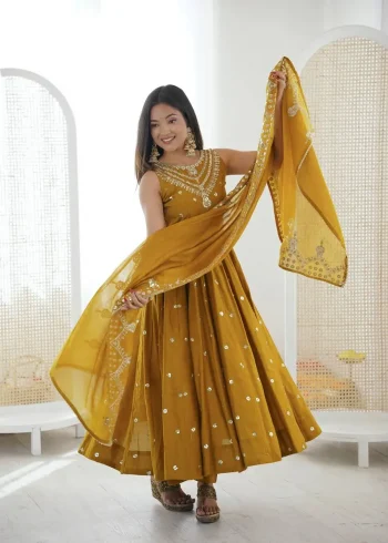 FANCY ROMAN SILK EMBROIDERY SEQUENCE WORK GOWN BOTTOM WITH DUPATTA MUSTARD