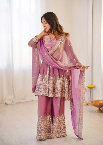 FANCY SATIN SILK EMBROIDERY SEQUENCE WITH REAL MIRROR WORK TOP PALAZZO WITH DUPATTA  PINK