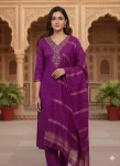 FANCY SLUB COTTON EMBROIDERY WORK TOP BOTTOM WITH DUPATTA PURPLE