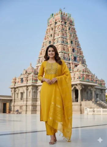 FANCY SLUB COTTON EMBROIDERY WORK TOP BOTTOM WITH DUPATTA YELLOW