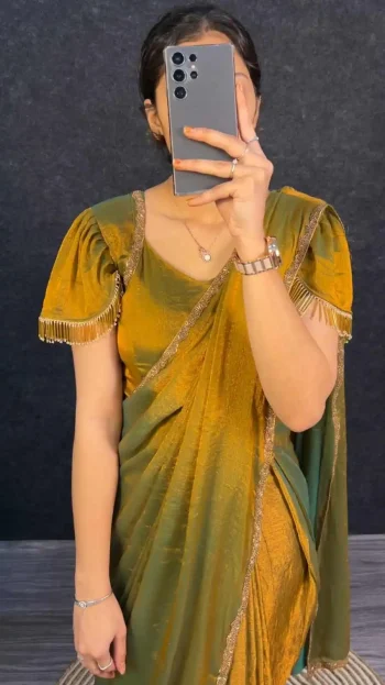 FANCY SPACE SILK LACE BORDER WORK GOWN SAREE GOLD