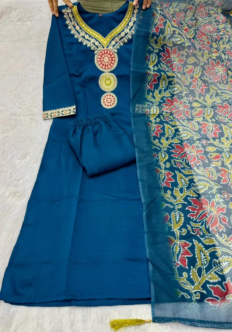 FANCY VATICAN SILK EMBROIDERY WITH SEQUENCE WORK TOP BOTTOM WITH DUPATTA OFFICE WEAR WHOLESALE PRICE ETHNIC GARMENT (1)
