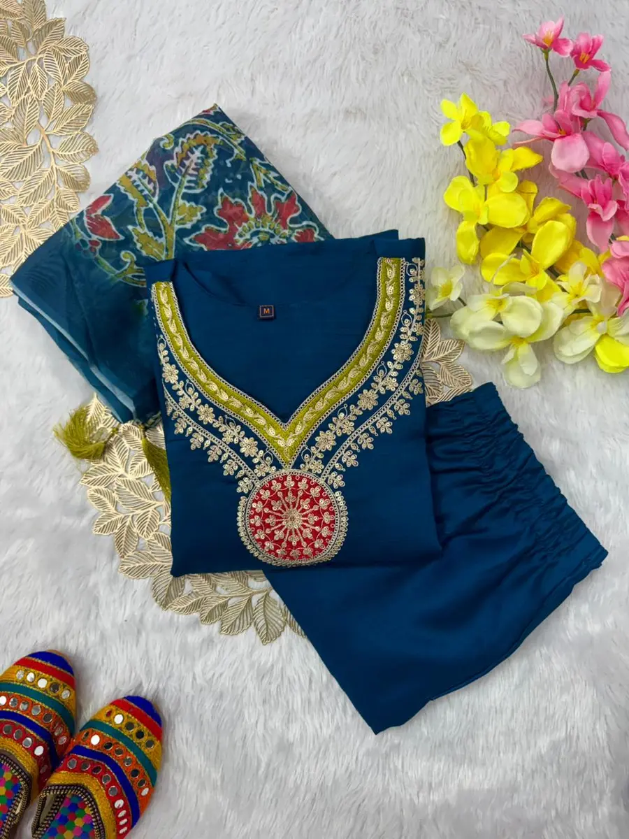 FANCY VATICAN SILK EMBROIDERY WITH SEQUENCE WORK TOP BOTTOM WITH DUPATTA OFFICE WEAR WHOLESALE PRICE ETHNIC GARMENT (3)