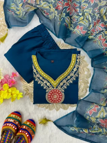 FANCY VATICAN SILK EMBROIDERY WITH SEQUENCE WORK TOP BOTTOM WITH DUPATTA BLUE