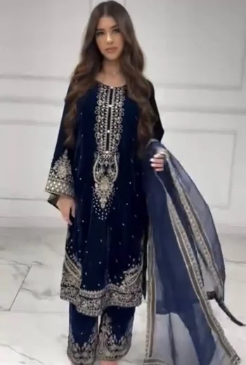 FANCY VELVET EMBROIDERY 5 MM SEQUENCE WORK TOP PALAZZO WITH DUPATTA NAVY BLUE