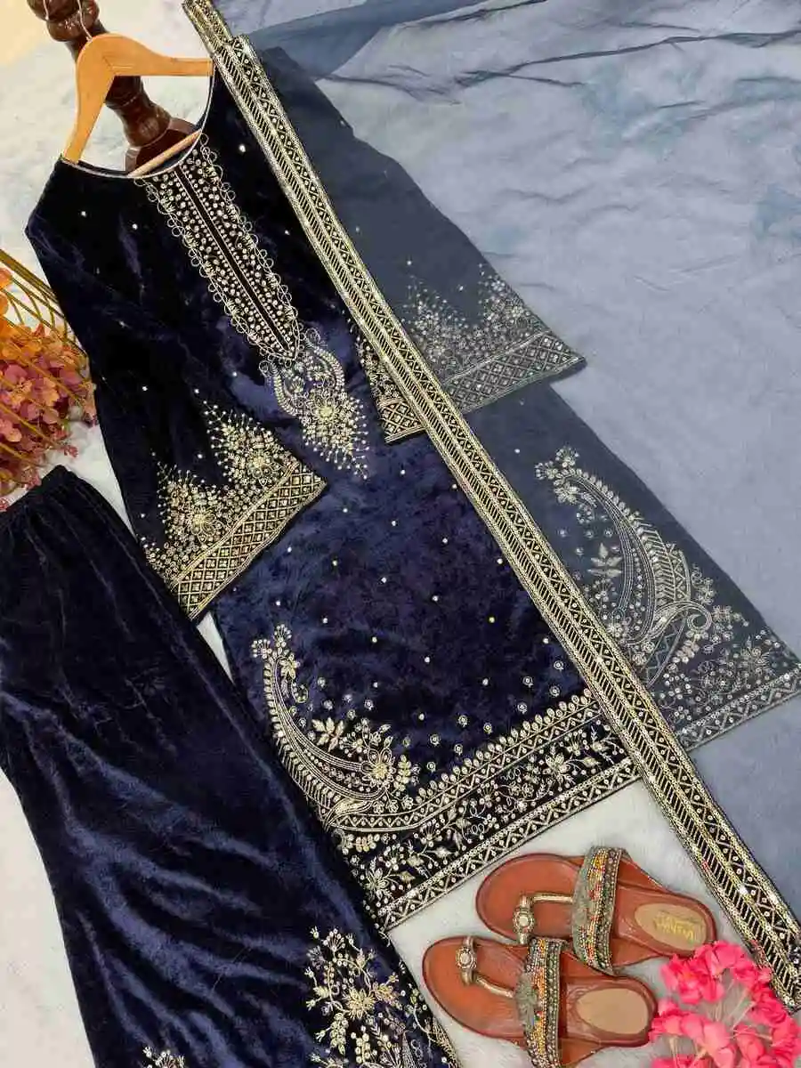FANCY VELVET EMBROIDERY 5 MM SEQUENCE WORK TOP PALAZZO WITH DUPATTA FESTIVE WEAR WHOLESALE PRICE ETHNIC GARMENT (7)
