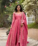 FANCY VICHITRA SILK EMBROIDERY FINELY CRAFTED THREAD WORK ANARKALI WITH DUPATTA BABY PINK