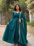 FANCY VICHITRA SILK EMBROIDERY FINELY CRAFTED THREAD WORK ANARKALI WITH DUPATTA TEAL