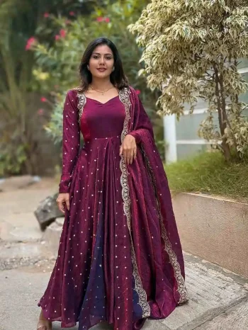 FANCY VICHITRA SILK EMBROIDERY FINELY CRAFTED THREAD WORK ANARKALI WITH DUPATTA WINE