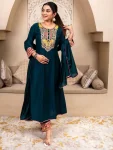FANCY VICHITRA SILK EMBROIDERY WORK TOP BOTTOM WITH DUPATTA TEAL