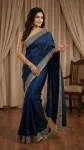 LATEST BLOOMING VICHITRA EMBROIDERY ZARI THREAD WORK SAREE WITH UNSTITCHED BLOUSE NAVY BLUE