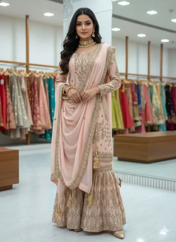 LATEST CHINON EMBROIDERY CODING WORK TOP SHARARA WITH DUPATTA PEACH