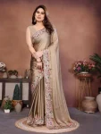 LATEST CRUSH SILK EMBROIDERY WITH CUTWORK BORDER WORK SAREE WITH UNSTITCHED BLOUSE CHIKU