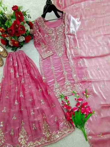 LATEST GMY SILK EMBROIDERY SEQUENCE & MOTI WORK TOP PALAZZO WITH DUPATTA  PINK