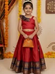 LATEST LICHI SILK JACQUARD WORK BORDER KID'S LEHENGA CHOLI RED