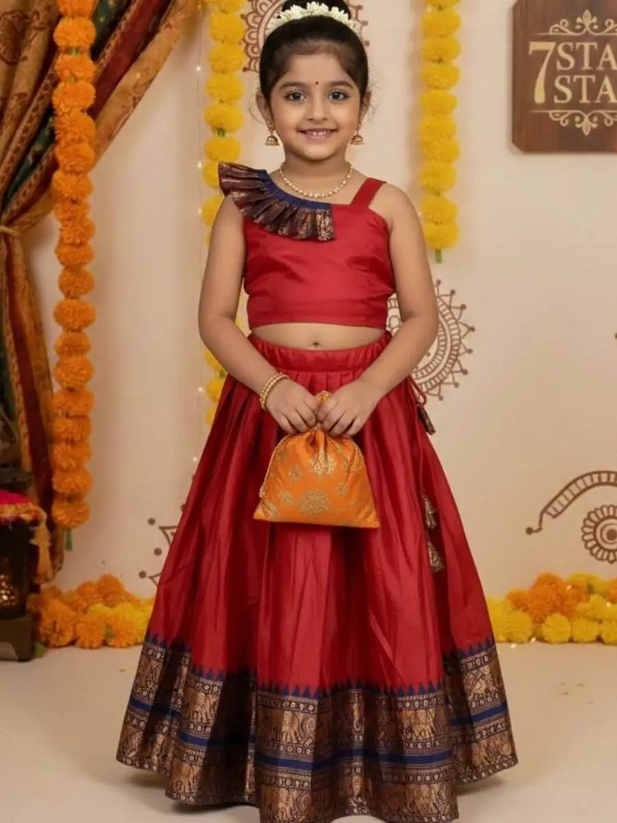 LATEST LICHI SILK JACQUARD WORK BORDER KID'S LEHENGA CHOLI FESTIVE WEAR WHOLESALE PRICE ETHNIC GARMENT (2)