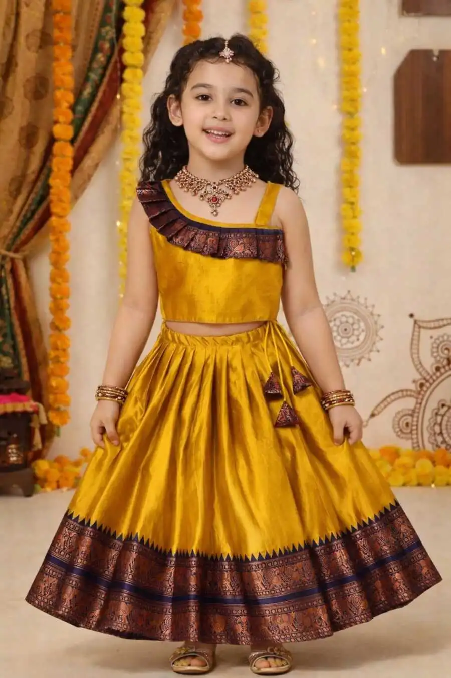 LATEST LICHI SILK JACQUARD WORK BORDER KID'S LEHENGA CHOLI FESTIVE WEAR WHOLESALE PRICE ETHNIC GARMENT (4)