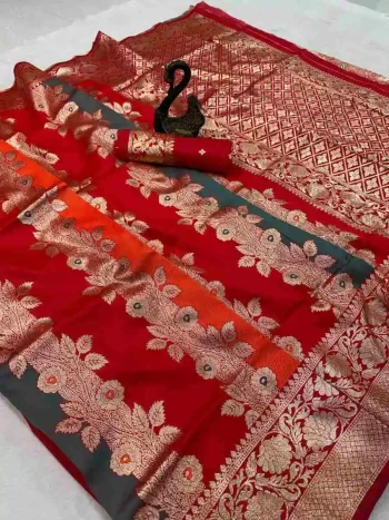 MODERN BANARASI SILK FLOWERS AND MINA & ZARI WEAVING PALLU WITH ZARI WEAVING BORDER WORK SAREE WITH UNSTITCHED BLOUSE RED