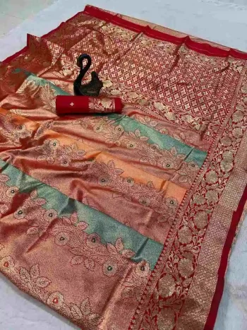 MODERN BANARASI SILK FLOWERS AND MINA & ZARI WEAVING PALLU WITH ZARI WEAVING BORDER WORK SAREE WITH UNSTITCHED BLOUSE RED