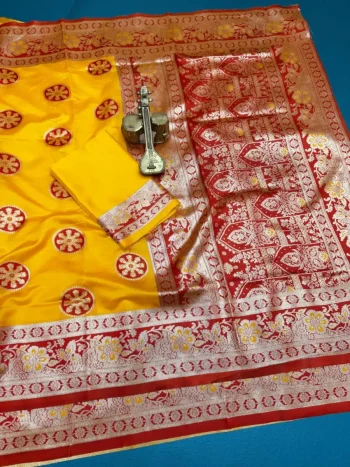 MODERN BANARASI SILK ZARI WEAVING RICH PALLU WITH ZARI WEAVING UNIQUE BORDER WORK SAREE WITH UNSTITCHED BLOUSE YELLOW AND RED