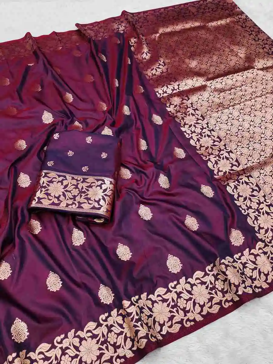 MODERN BANARASI SILK ZARI WEAVING WITH ZARI WEAVING BORDER WORK SAREE WITH UNSTITCHED BLOUSE FESTIVE WEAR WHOLESALE PRICE ETHNIC GARMENT (1)