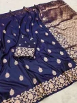 MODERN BANARASI SILK ZARI WEAVING WITH ZARI WEAVING BORDER WORK SAREE WITH UNSTITCHED BLOUSE NAVY BLUE