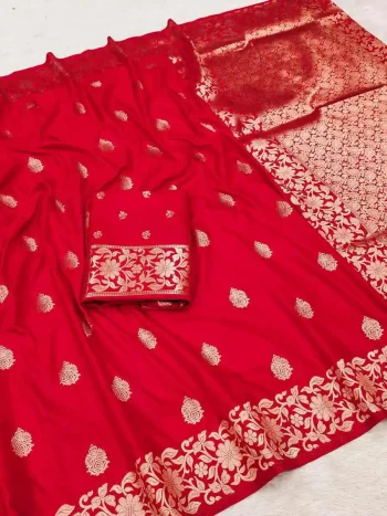 MODERN BANARASI SILK ZARI WEAVING WITH ZARI WEAVING BORDER WORK SAREE WITH UNSTITCHED BLOUSE RED