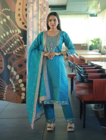MODERN CHANDERI COTTON CODING SEQUENCE & JHARKAN BUTTI WORK TOP BOTTOM WITH DUPATTA SKY