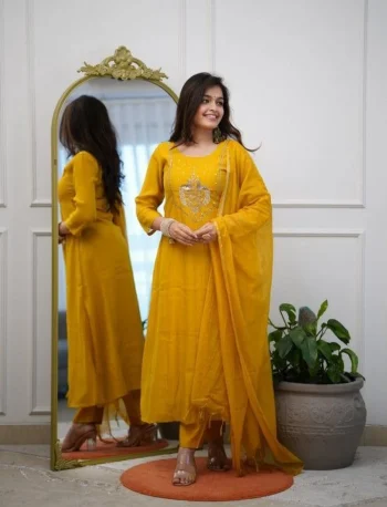 MODERN CHANDERI SEQUENCE CODING EMBROIDERY WORK TOP BOTTOM WITH DUPATTA YELLOW